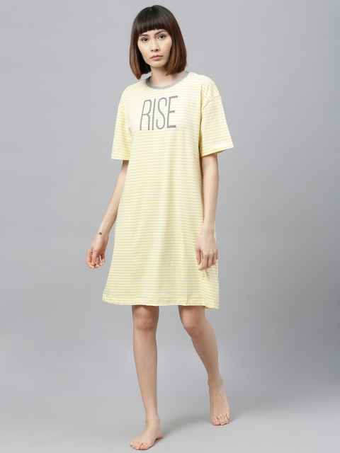 

Chemistry Yellow & Grey Women Pure Cotton Striped Sleep Shirt with Typography Print Detail