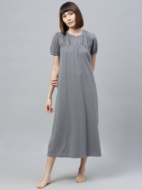 

Chemistry Grey Melange & White Polka Dots Printed Nightdress