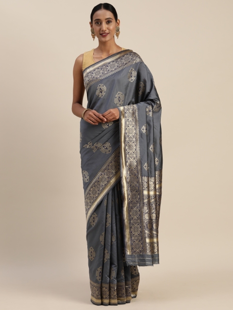 

Indian Women Grey & Gold-Toned Poly Silk Woven Design Saree