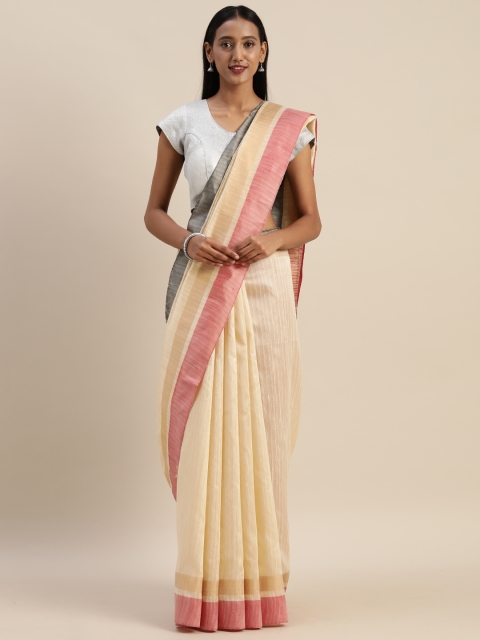 

Indian Women Cream-Coloured & Pink Cotton Blend Self Striped Saree