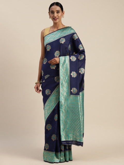 

Indian Women Navy Blue & Gold-Toned Poly Silk Woven Design Designer Saree