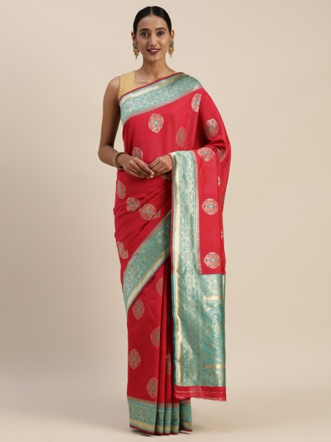 

Indian Women Red & Gold-Toned Poly Silk Woven Design Designer Saree