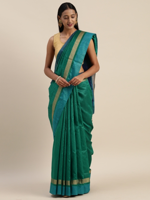 

Indian Women Green & Teal Blue Cotton Blend Self Striped Saree
