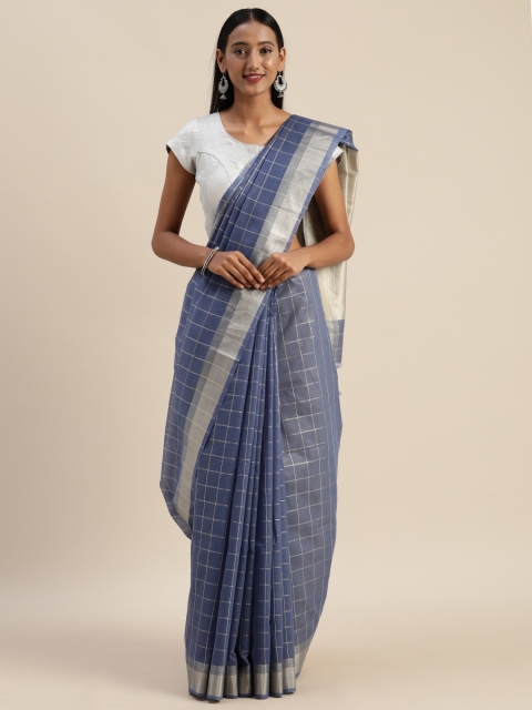 

Indian Women Blue & Silver-Toned Silk Cotton Checked Saree