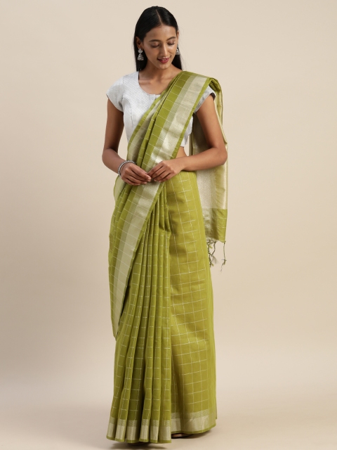 

Indian Women Green & Silver-Coloured Silk Cotton Checked Saree