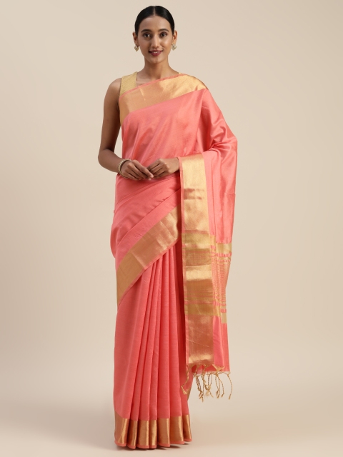 

Indian Women Pink & Gold-Toned Silk Cotton Solid Saree