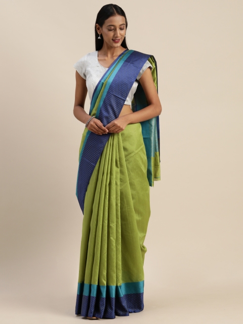 

Indian Women Green & Navy Blue Cotton Blend Solid Celebrity Saree