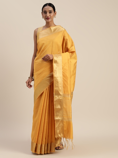 

Indian Women Yellow & Gold-Toned Silk Cotton Solid Saree