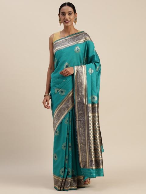 

Indian Women Turquoise Blue & Gold-Toned Poly Silk Woven Design Designer Saree