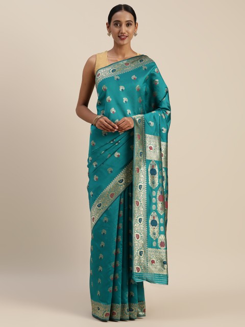 

Indian Women Green & Beige Poly Silk Woven Design Saree