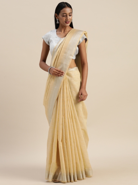 

Indian Women Cream-Coloured & Golden Silk Cotton Checked Saree