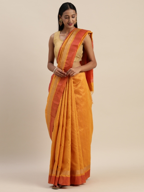 

Indian Women Orange & Red Cotton Blend Self Striped Saree