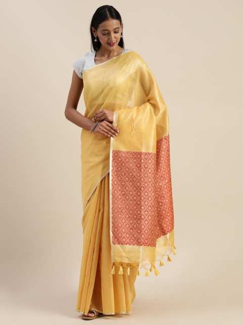 

Indian Women Yellow & Red Silk Cotton Solid Celebrity Saree