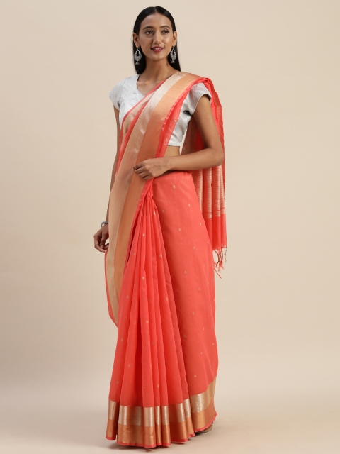 

Indian Women Coral Pink & Gold-Toned Silk Cotton Woven Design Saree
