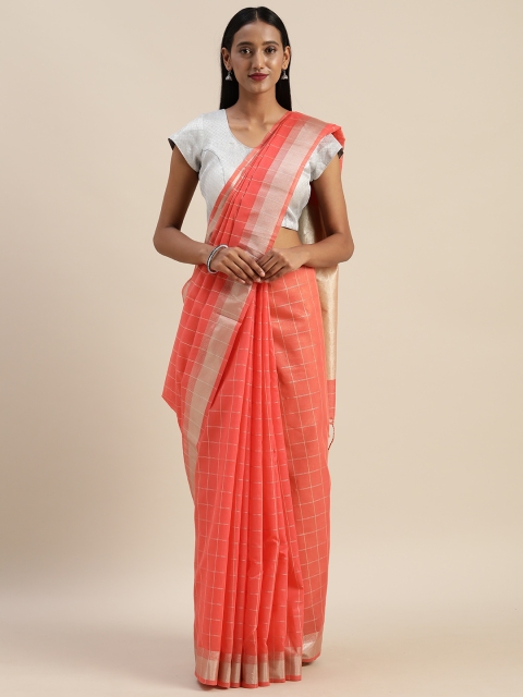 

Indian Women Coral Red & Gold-Coloured Checked Silk Cotton Celebrity Saree
