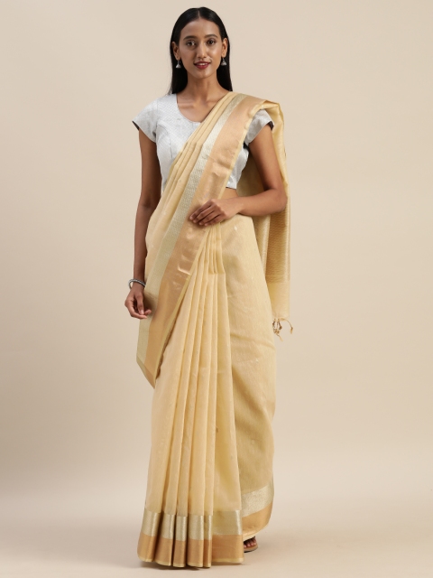 

Indian Women Cream-Coloured & Silver-Toned Silk Cotton Woven Design Saree