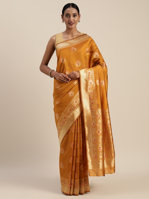 

Indian Women Mustard & Gold-Toned Poly Silk Woven Design Saree