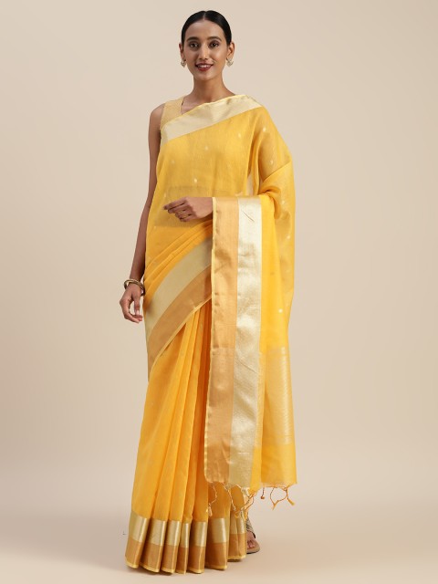 

Indian Women Yellow & Gold-Toned Silk Cotton Solid Saree