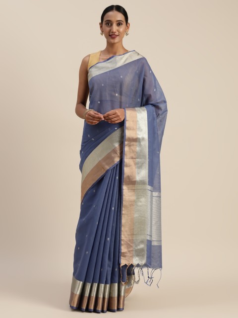 

Indian Women Navy Blue & Beige Silk Cotton Solid Saree