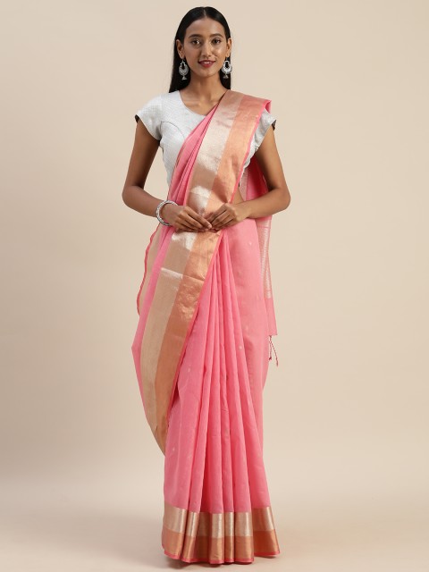 

Indian Women Pink & Gold-Toned Silk Cotton Woven Design Saree