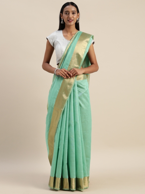 

Indian Women Sea Green Solid Silk Cotton Saree