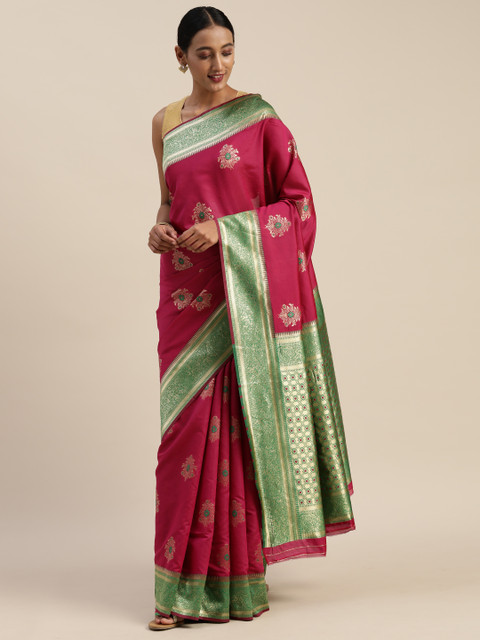 

Indian Women Pink & Gold-Toned Poly Silk Woven Design Designer Saree