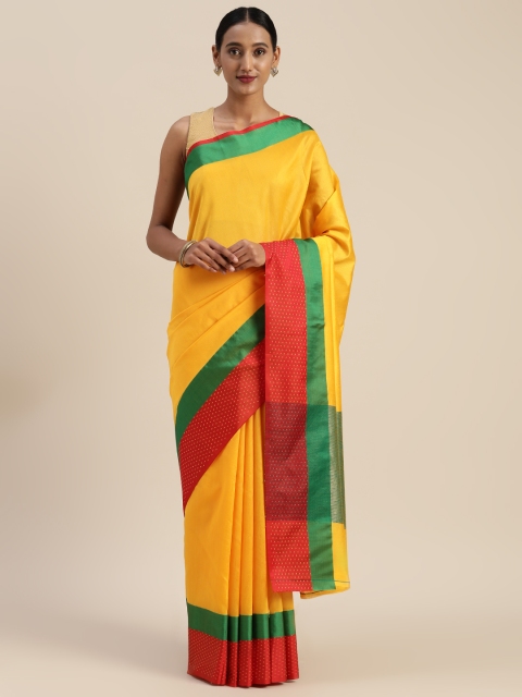 

Indian Women Yellow Solid Cotton Blend Saree
