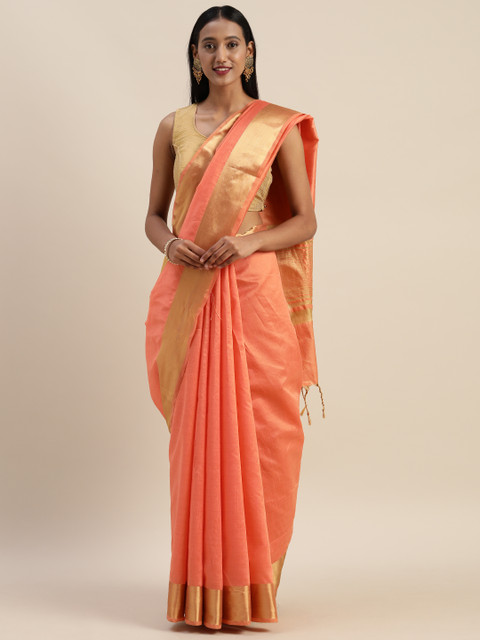 

Indian Women Coral Orange & Gold-Toned Silk Cotton Solid Saree