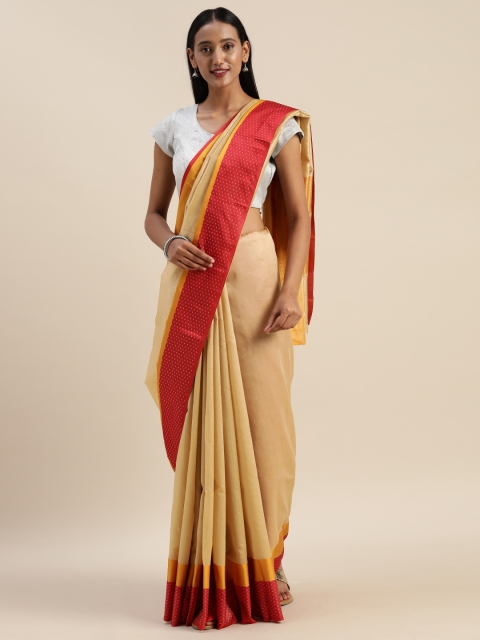 

Indian Women Beige & Red Cotton Blend Solid Celebrity Saree