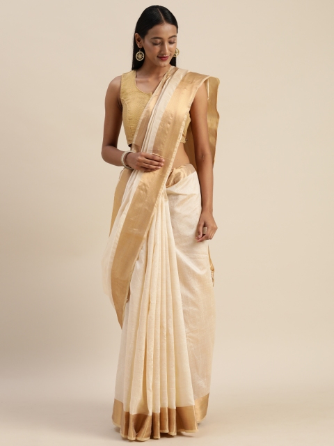 

Indian Women Off-White & Gold-Toned Silk Cotton Solid Saree