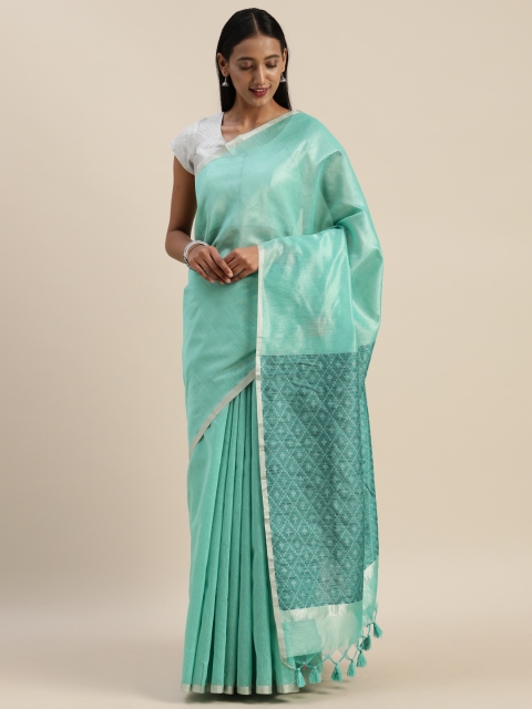 

Indian Women Sea Green Solid Silk Cotton Celebrity Saree