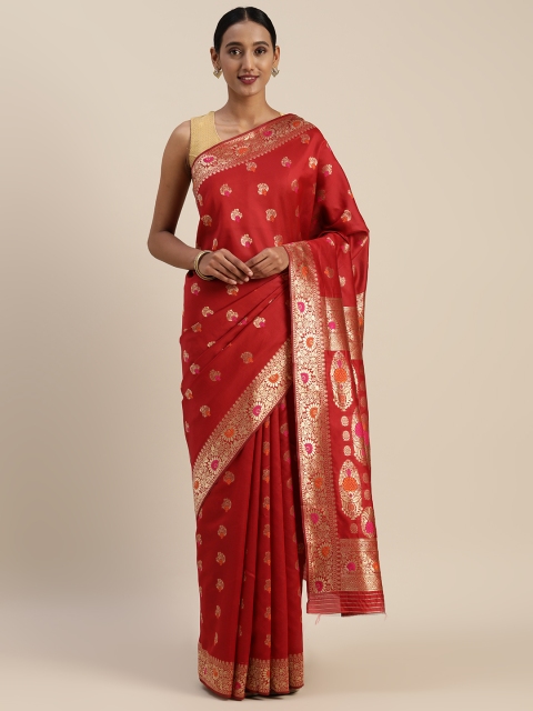 

Indian Women Red & Gold-Toned Poly Silk Woven Design Saree