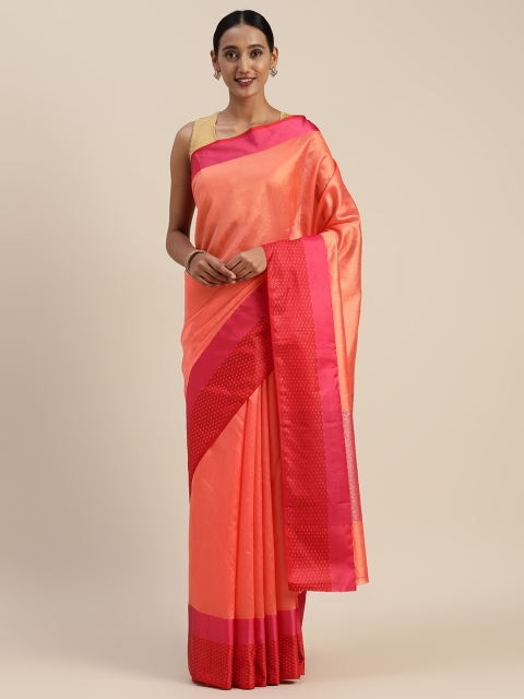

Indian Women Peach-Coloured & Red Cotton Blend Solid Saree