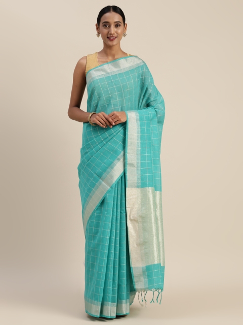 

Indian Women Sea Green & Silver-Toned Silk Cotton Checked Saree