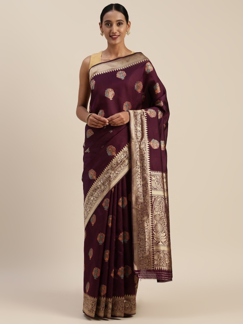 

Indian Women Purple & Gold-Toned Poly Silk Woven Design Saree