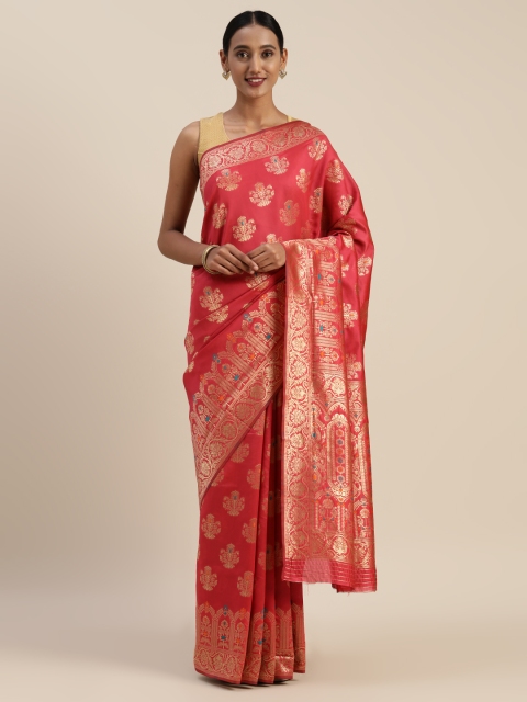 

Indian Women Coral & Gold-Toned Poly Silk Woven Design Saree