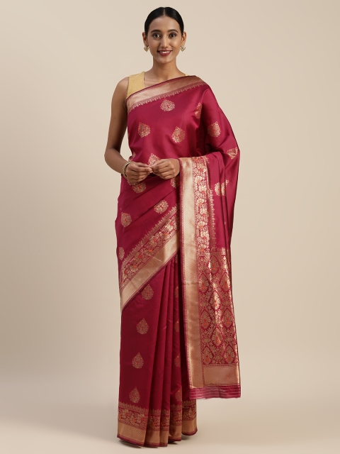

Indian Women Burgundy & Gold-Toned Poly Silk Woven Design Saree
