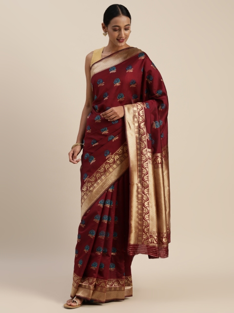 

Indian Women Maroon & Gold-Toned Poly Silk Woven Design Saree