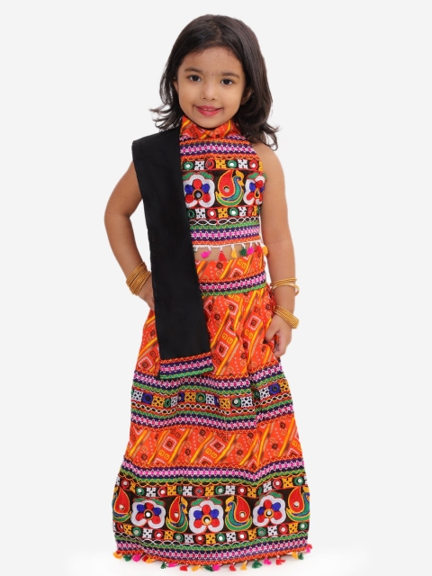 

KID1 Girls Orange & Black Embroidered Ready to Wear Lehenga & Blouse with Dupatta