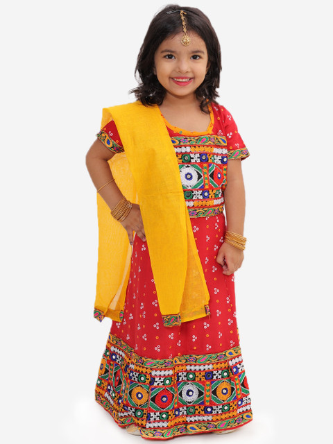 

KID1 Girls Red & Orange Embroidered Ready to Wear Lehenga & Blouse with Dupatta