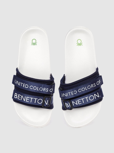 

United Colors of Benetton Men Navy Blue & White Printed Sliders
