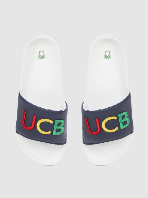 

United Colors of Benetton Men Navy Blue & White Embroidered Sliders