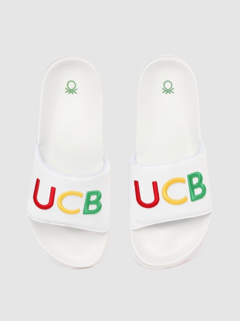 

United Colors of Benetton Men White & Green Embroidered Sliders