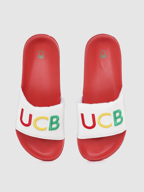

United Colors of Benetton Men White & Red Embroidered Sliders