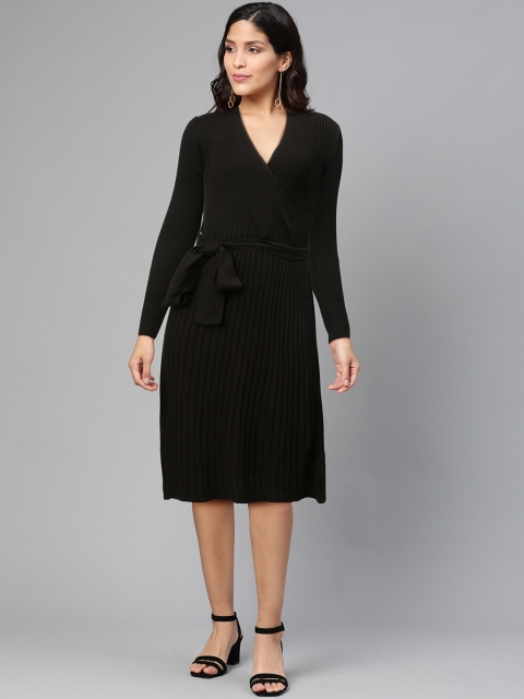 

DOROTHY PERKINS Women Black Ribbed Wrap Dress