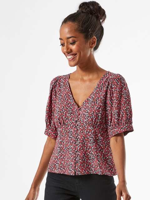 

DOROTHY PERKINS Petite Women Coral Red & Green Ditsy Floral Print Top