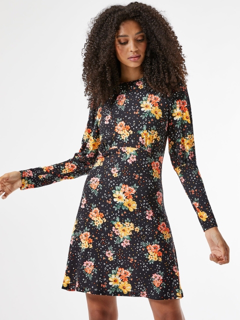 

DOROTHY PERKINS Women Black & Yellow Floral Printed A-Line Dress