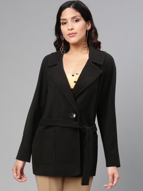

DOROTHY PERKINS Women Black Solid Wrap Coat