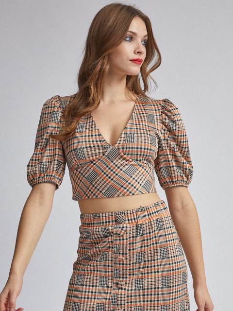 

DOROTHY PERKINS Women Orange & Off-White Checked Crop Empire Top