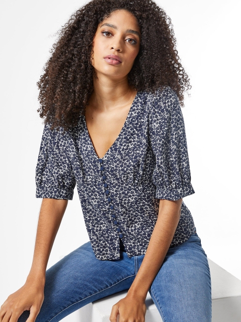 

DOROTHY PERKINS Women Navy Blue & White Ditsy Floral Print Top